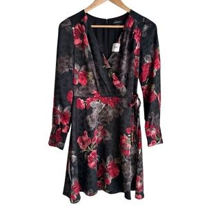 Le Chateau Floral Mini Wrap Dress Sz XXS Black Red Long Sleeve Roses Cocktail